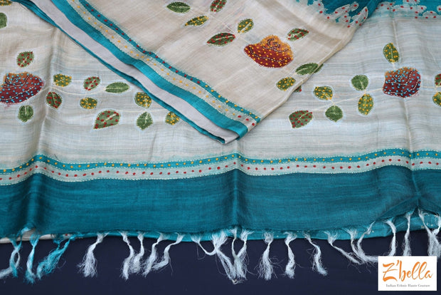 Teal Green And Offwhite Combo Designer Tussar Silk Saree With Kantha Work Stitched Blouse Saree
