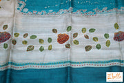 Teal Green And Offwhite Combo Designer Tussar Silk Saree With Kantha Work Stitched Blouse Saree