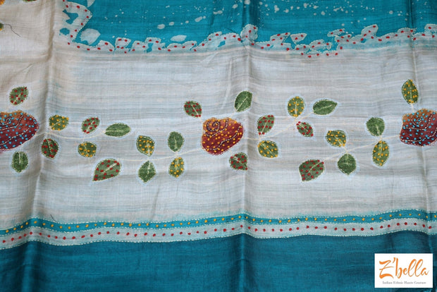 Teal Green And Offwhite Combo Designer Tussar Silk Saree With Kantha Work Stitched Blouse Saree