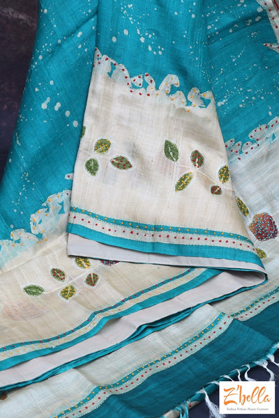 Teal Green And Offwhite Combo Designer Tussar Silk Saree With Kantha Work Stitched Blouse Saree