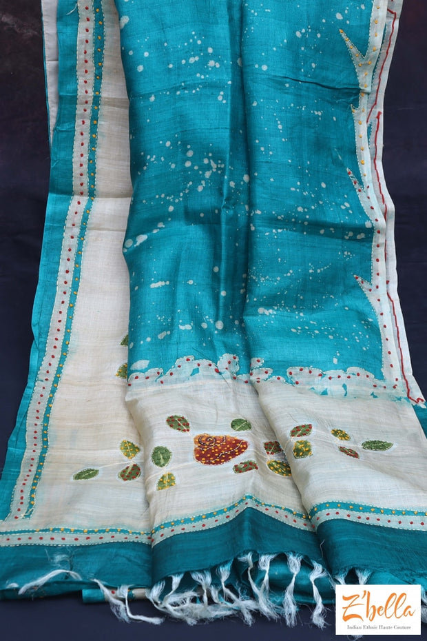 Teal Green And Offwhite Combo Designer Tussar Silk Saree With Kantha Work Stitched Blouse Saree