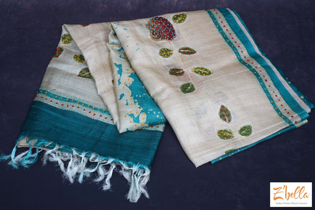 Teal Green And Offwhite Combo Designer Tussar Silk Saree With Kantha Work Stitched Blouse Saree