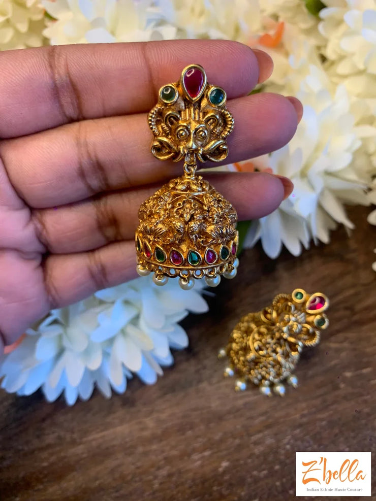 Temple Jhumka Earrings Gold Tone