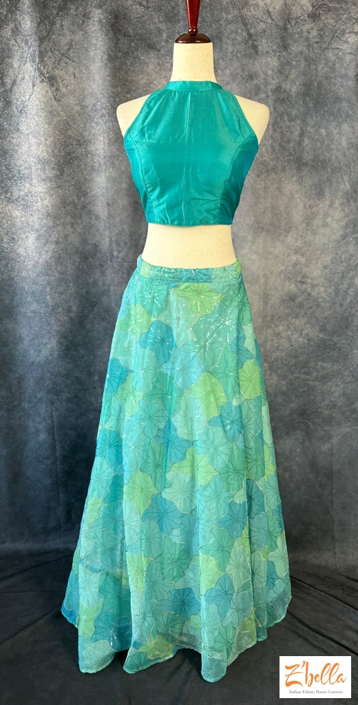 Turquoise And Cyan Color Skirt With Sequins Work Comes Halter Neck Blouse Party Wear