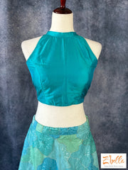 Turquoise And Cyan Color Skirt With Sequins Work Comes Halter Neck Blouse Party Wear