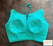Turquoise Hakoba Cotton Blouse With Cut Work Blouse