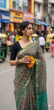 Nashpal Maheshwari cotton saree, Hand block printed with Natural dye