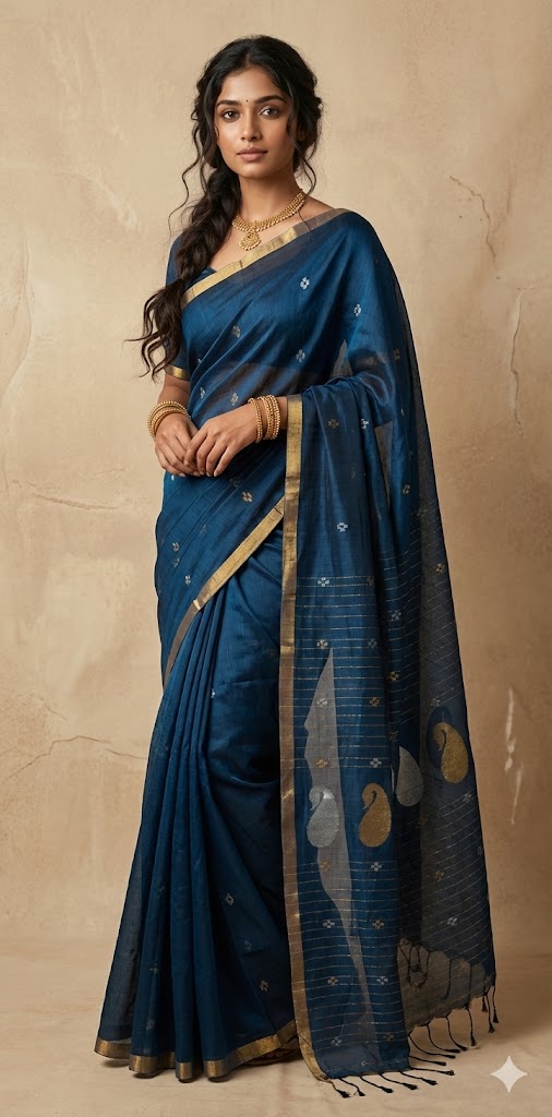 Peacock blue mangalgiri cotton silk handloom jamdani saree with stitched blouse