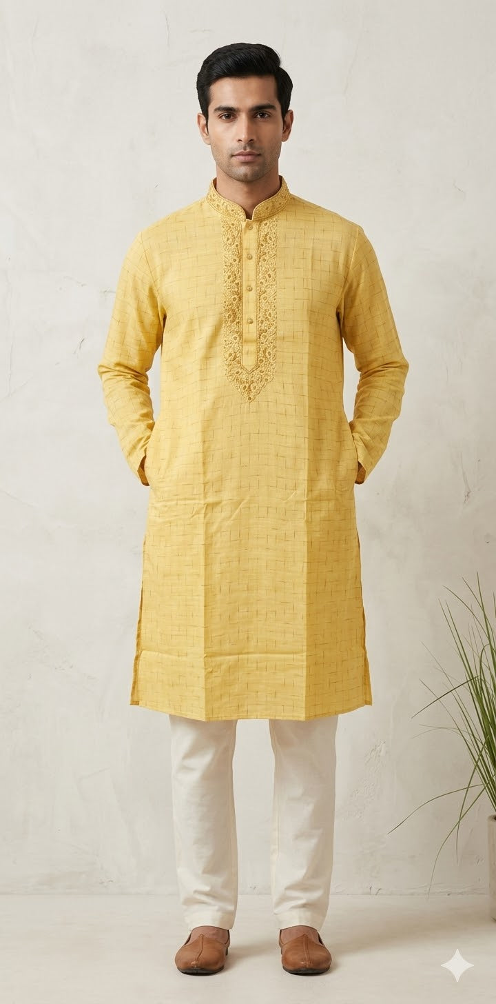 Light yellow cotton silk kurta with hand embroidery - 42