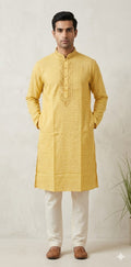 Light yellow cotton silk kurta with hand embroidery - 42