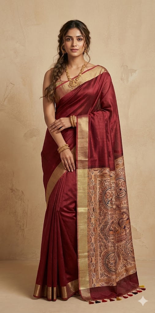 Semi Tussar silk saree with madubani print on pallu, with BP