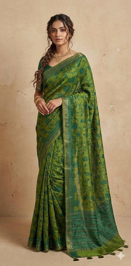 Printed blended tussar silk saree with kanta work and stitched blouse