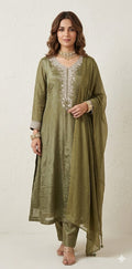 Olive green crepe anarkali with bottom and dupatta