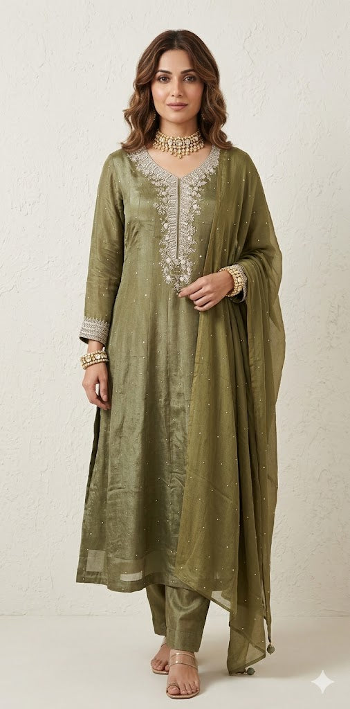 Olive green crepe anarkali with bottom and dupatta
