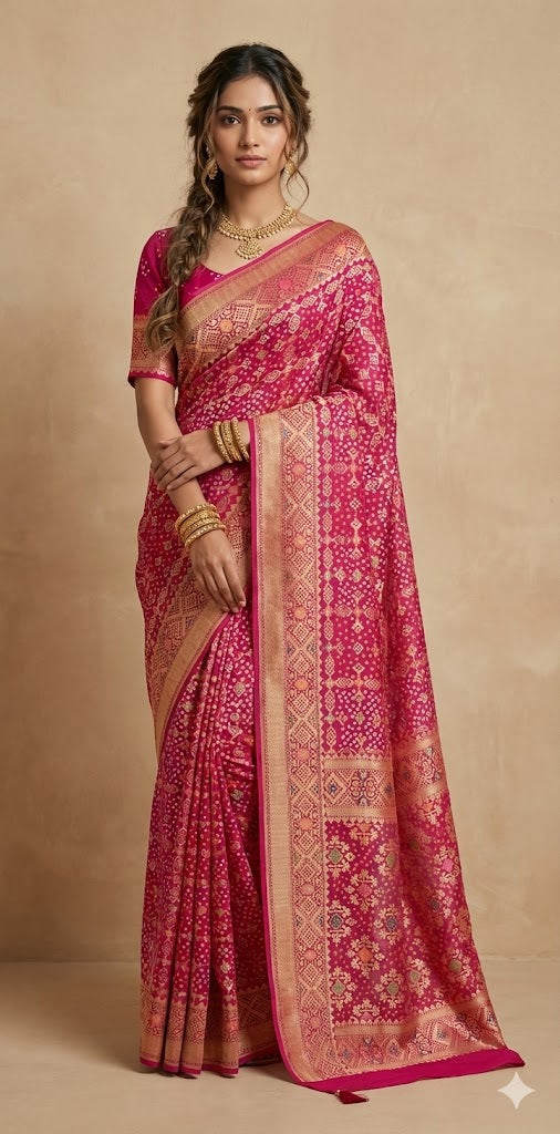 Pure Georgette banarasi sari with rai bandhani, stitched blouse