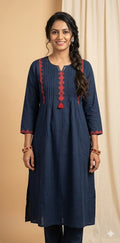 Navy blue cotton kurti with mirror and hadwork, and bottom