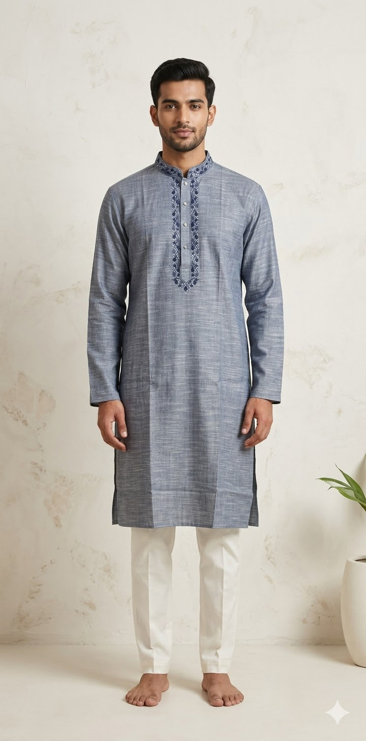 Denim blue cotton silk with hand  embroidery - 40