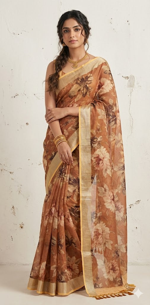 Fancy linen digital printed saree with BP