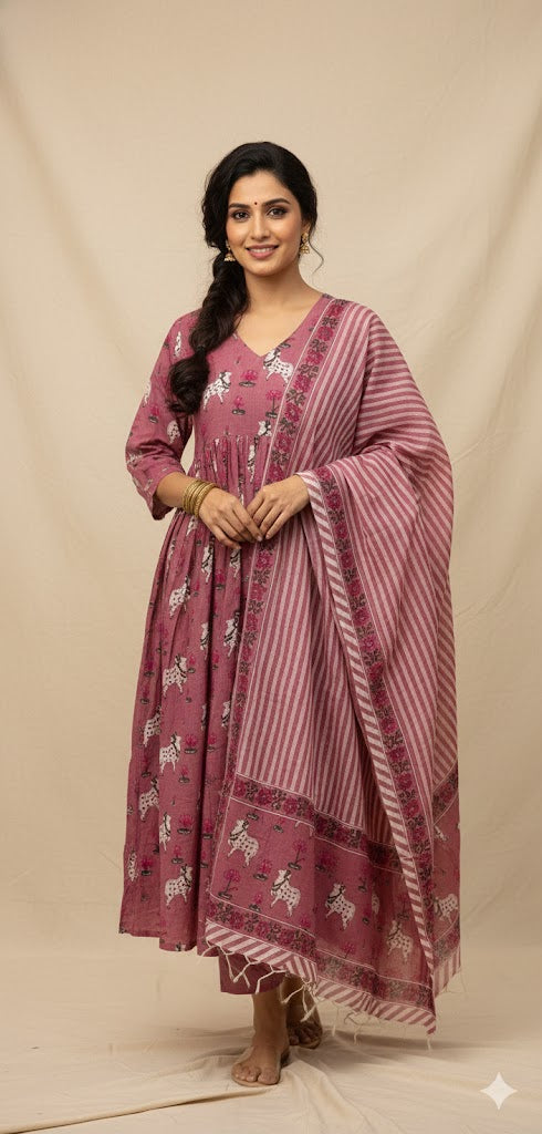 Velvet rose color cotton kurti with pitchwai print, bottom and dupatta