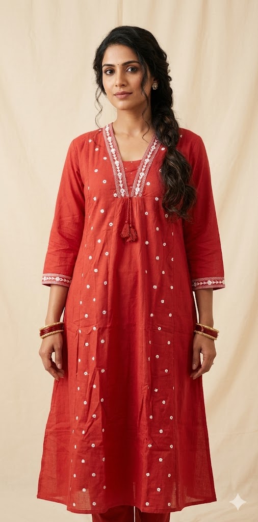 Coral color cotton kurti with bottom and dupatta