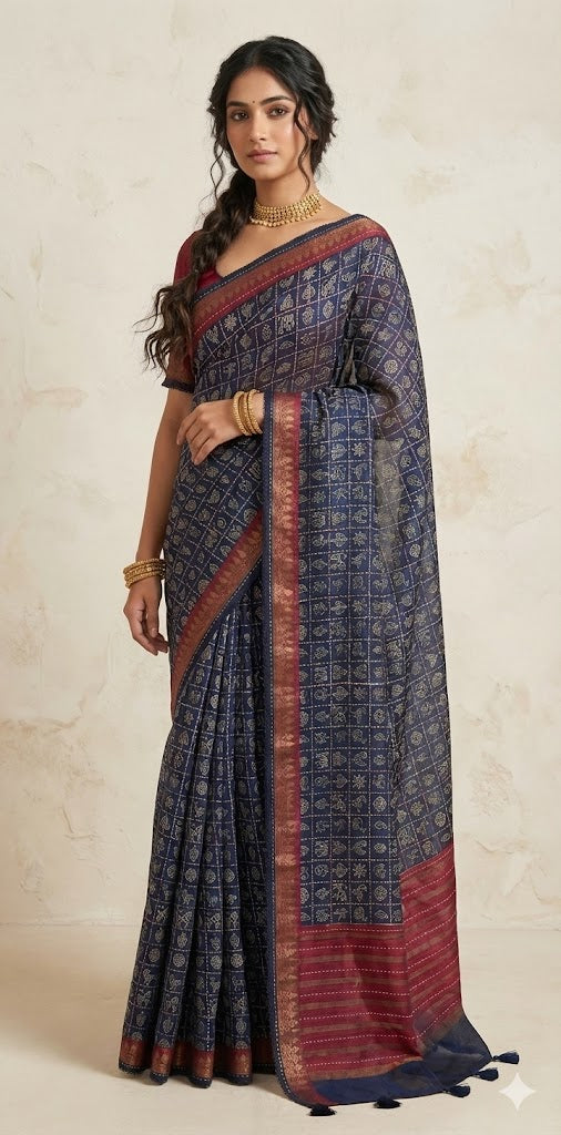 Blended tussar silk saree with stitched blouse