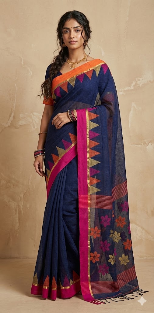 Linen temple border jamdani with stitched blouse