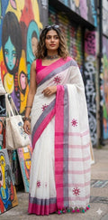 Off white cotton saree with mirror work, with BP