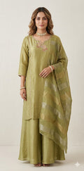Olive green tissue silk short kuti with hand emroidery and flared palazzo and dupatta