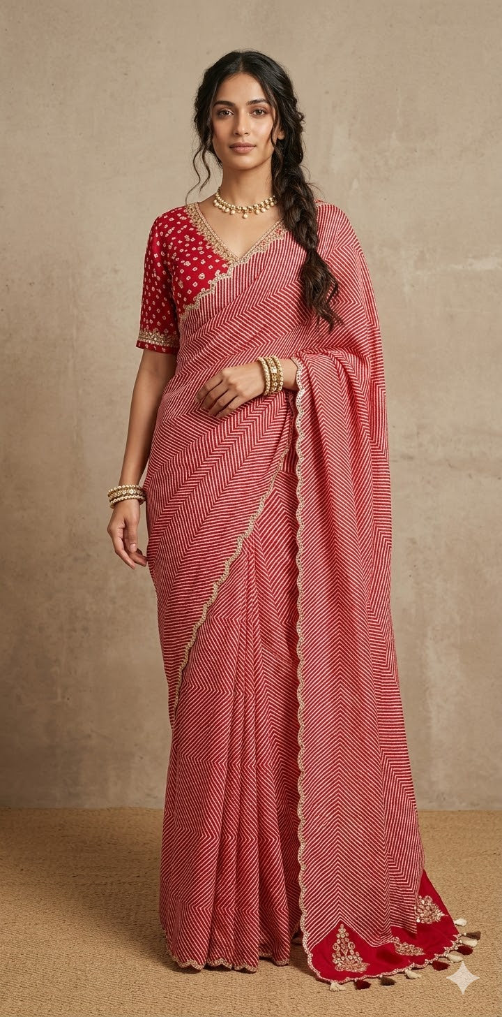 Lahariya printed tussar silk saree with handwork , stitched blouse
