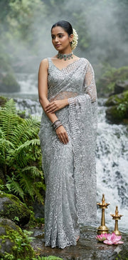 Pastel green lace fabric ready to wear saree with designer blouse