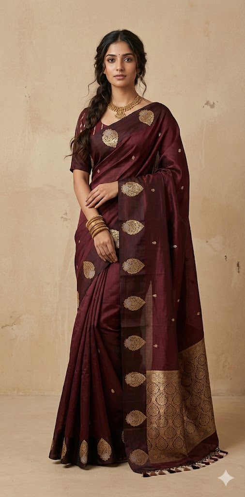 Brown pure raw mango silk saree with stitched blouse