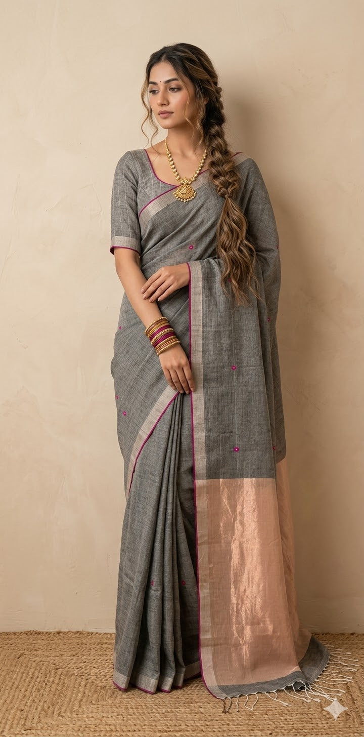 100 count tissue linen saree with hand jamdani, with stitched blouse