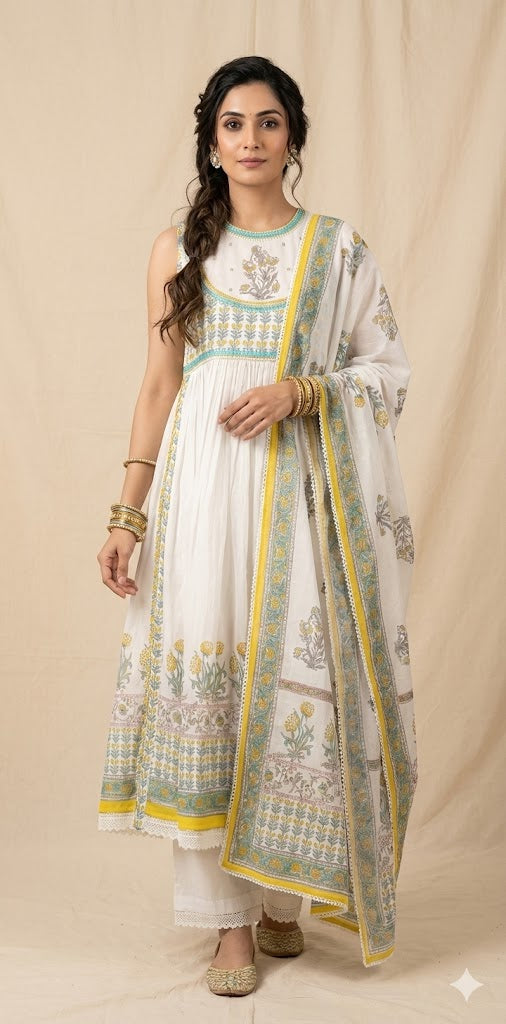White mulcotton kurti with bottom and dupatta
