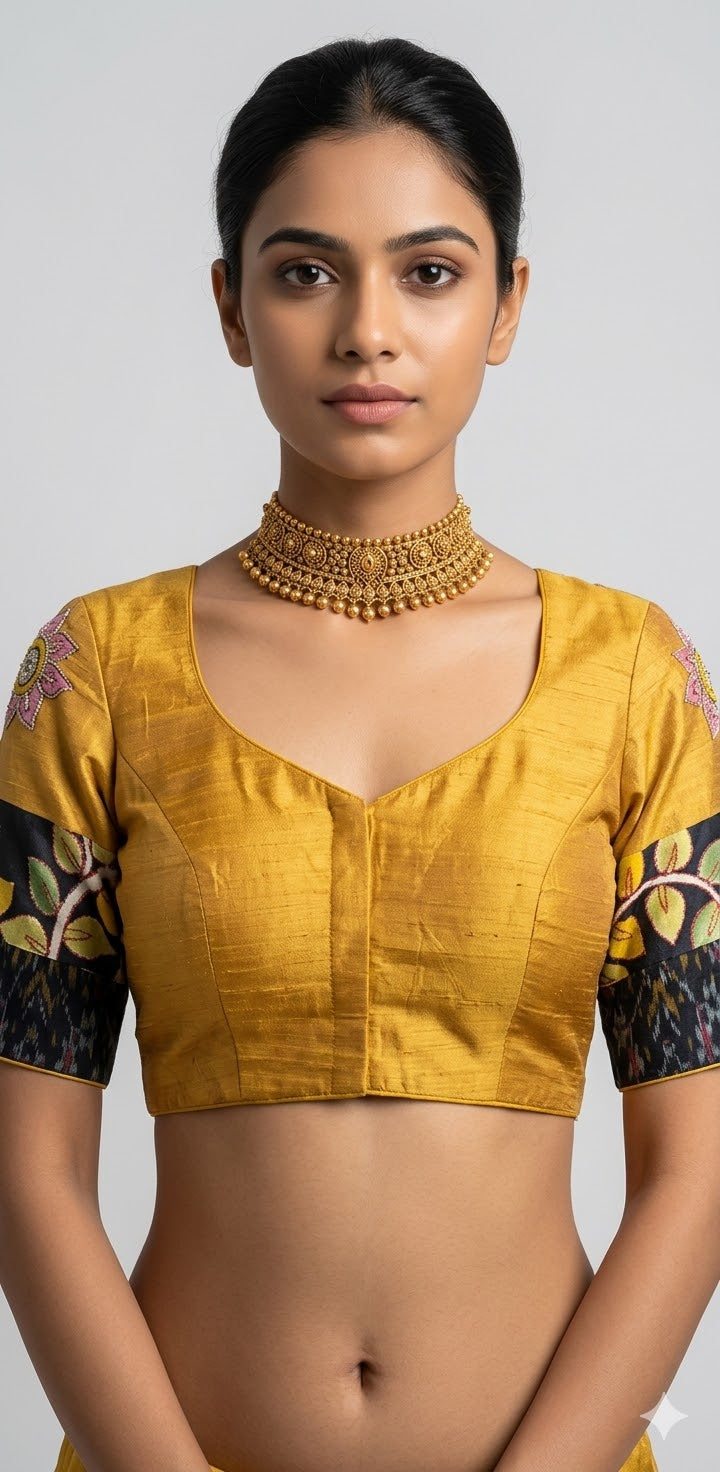 Mustard yellow silk blouse with kalamkari patch and hand work