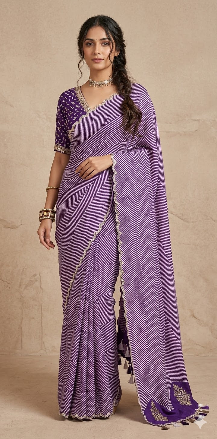 Lahariya printed tussar silk saree with handwork , stitched blouse
