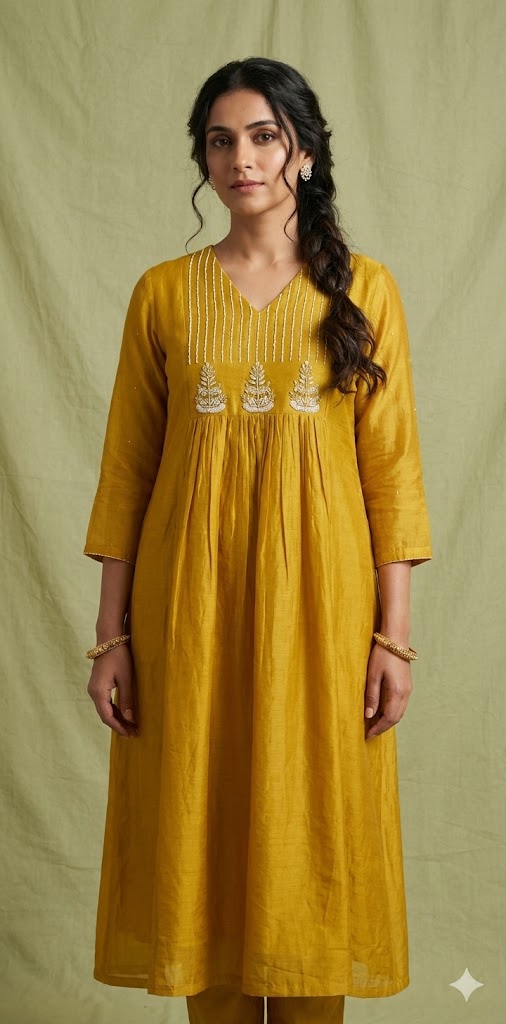 Mustard yellow Chanderi silk kurti set with hand embroidery