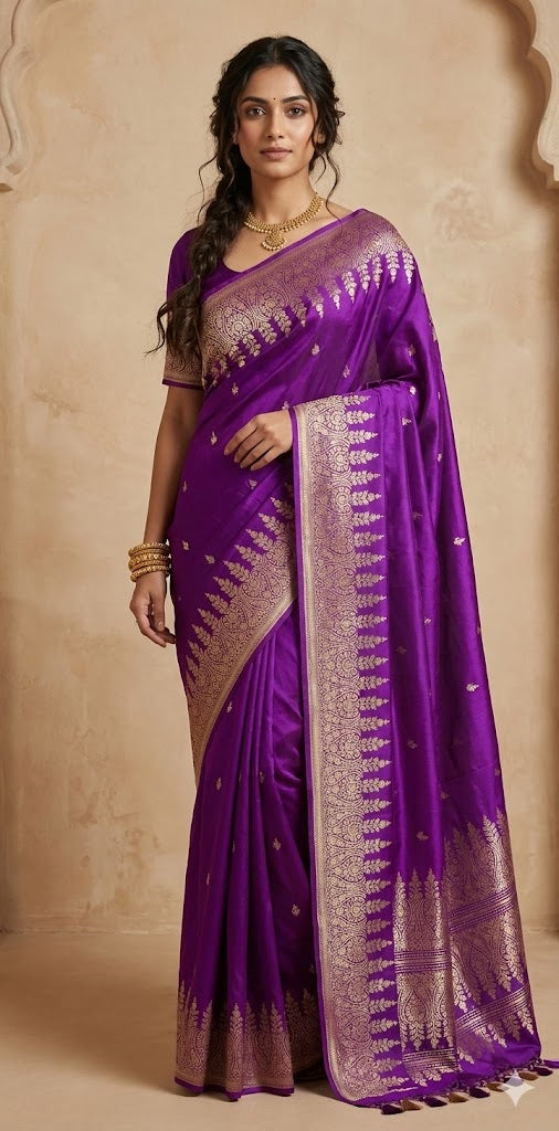 Pure Purple Mashru silk saree with stitched blouse