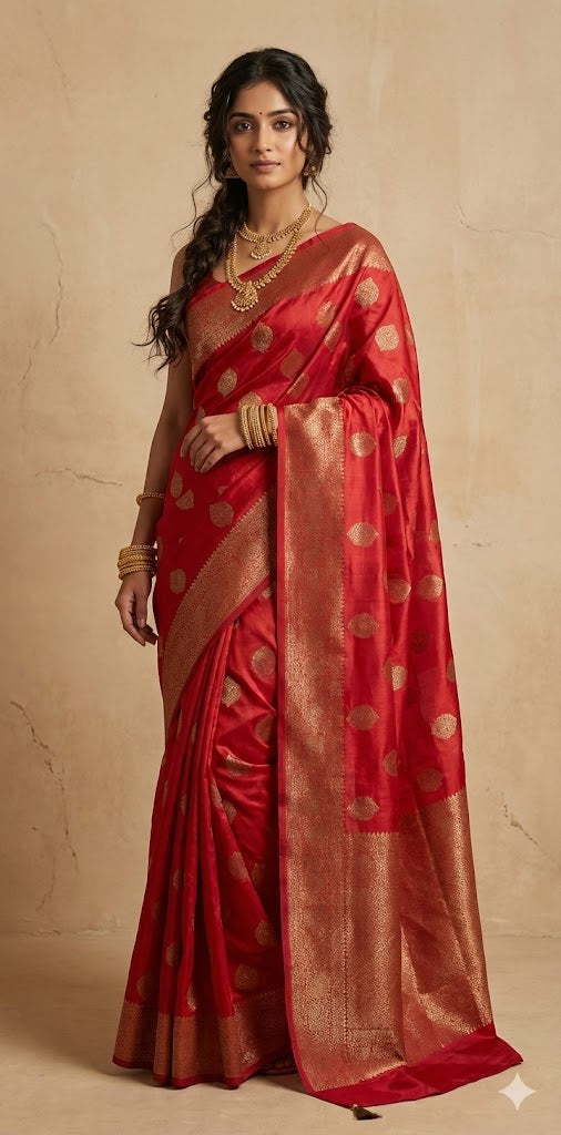 Red Pure tussar banarsi silk saree, with BP