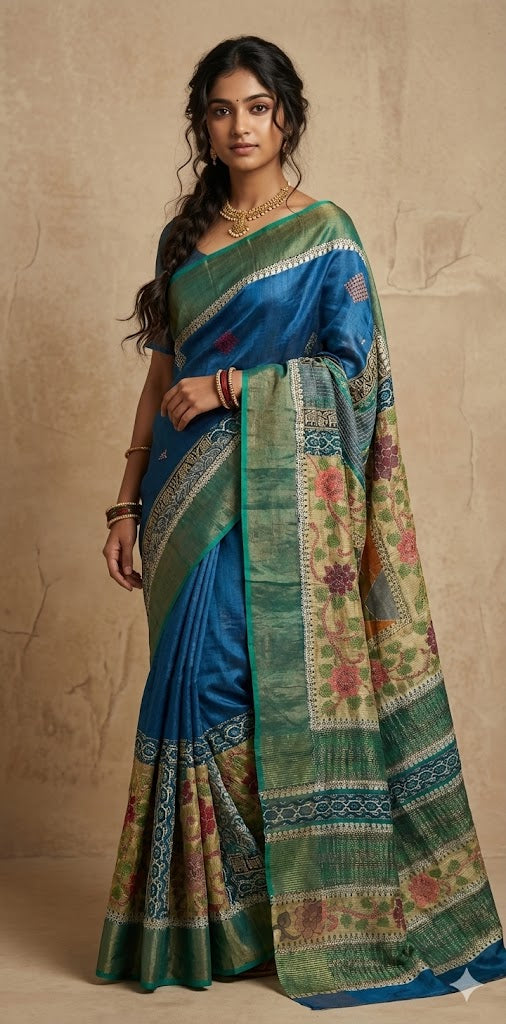 Pure tussar silk saree with Kantha work and stitched blouse
