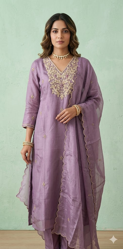 Lilac tissue silk kurti with bottom and dupatta