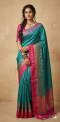 Peacock green and Pink combination Tussar banarsi saree with stitched blouse