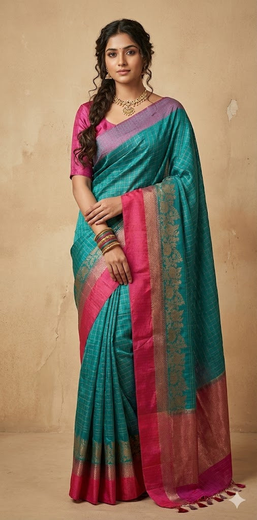 Peacock green and Pink combination Tussar banarsi saree with stitched blouse