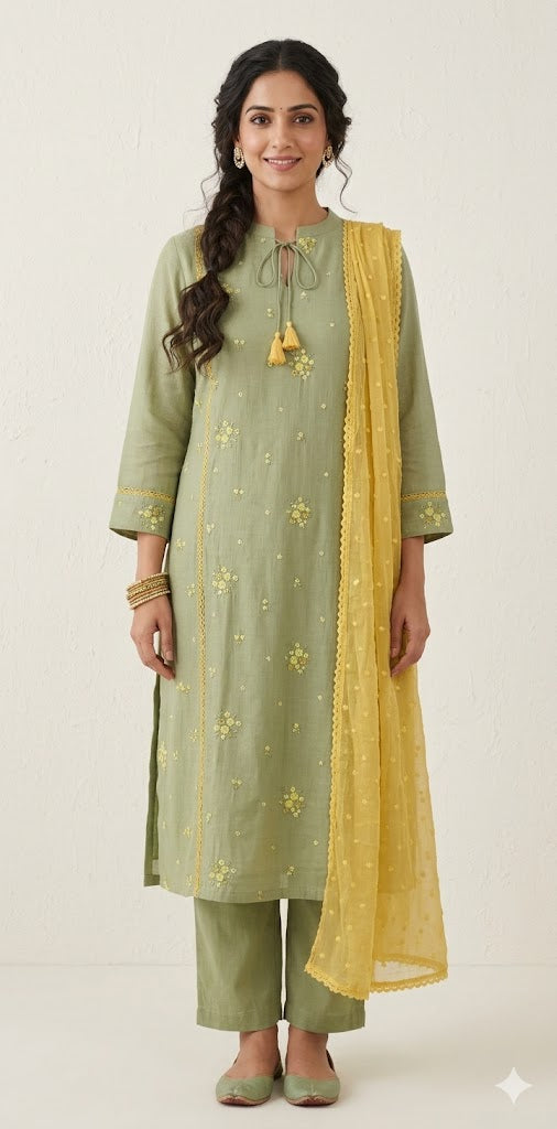 Light green chandri kurti with bottom and dupatta
