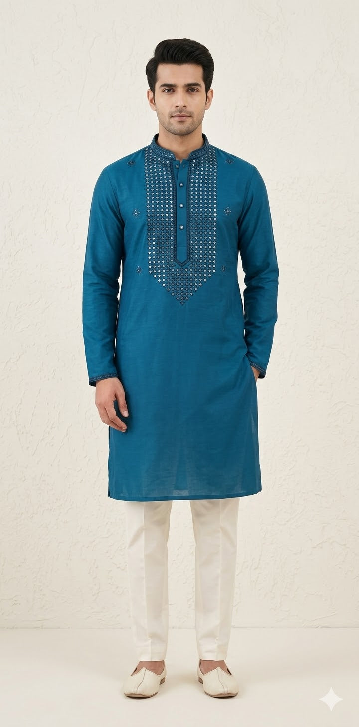 Peacock blue silk kurta with mirror work - 40