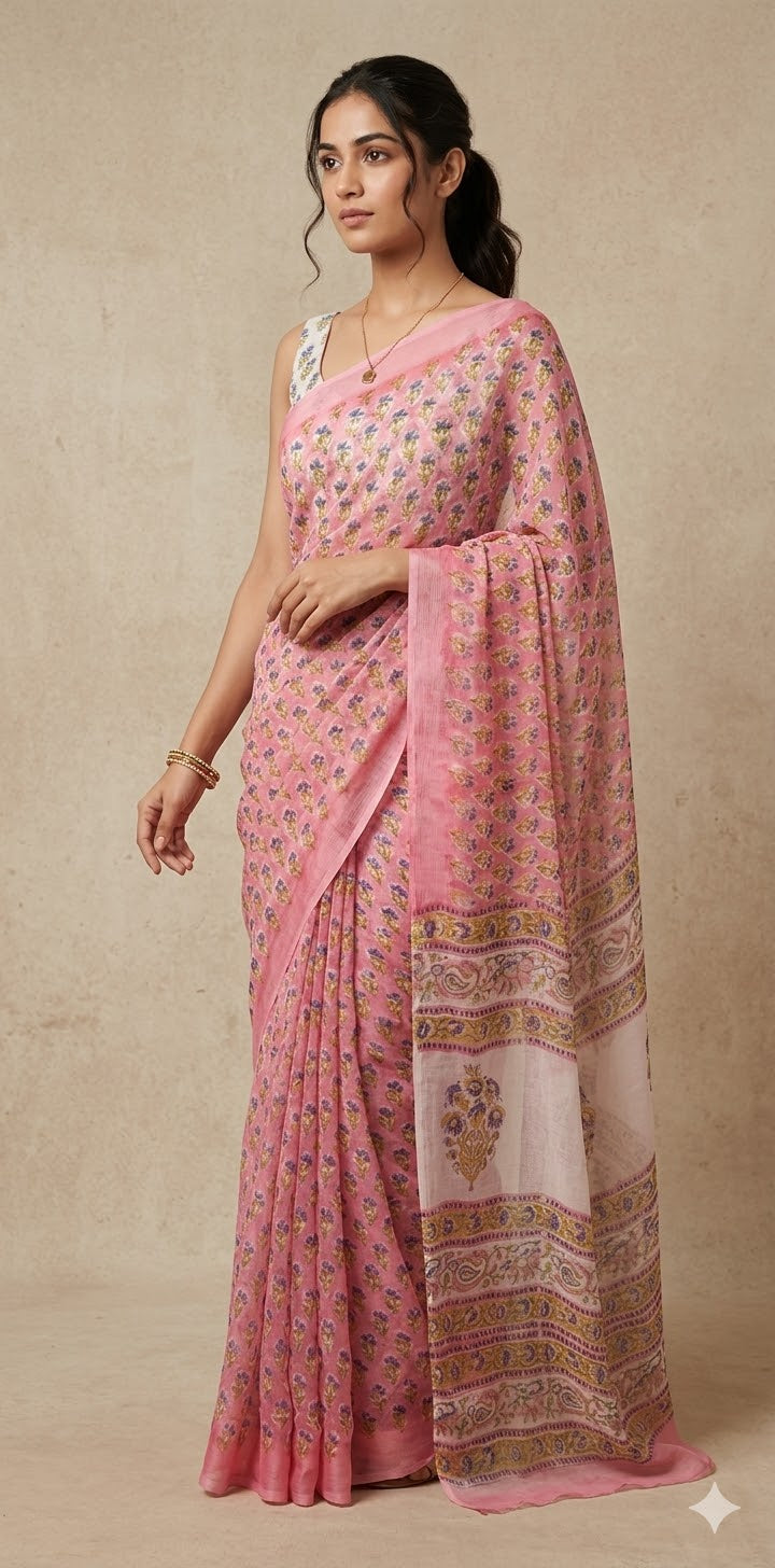 Premium handblock printed Pure Chiffon saree , with BP