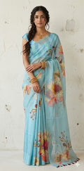 Silk organza digital printed saree with Organza and Satin half and half saree , BP