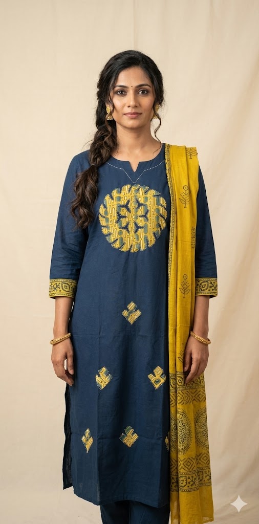 Indigo blue cotton kurti with mirror and handwork, with bottom and dupatta