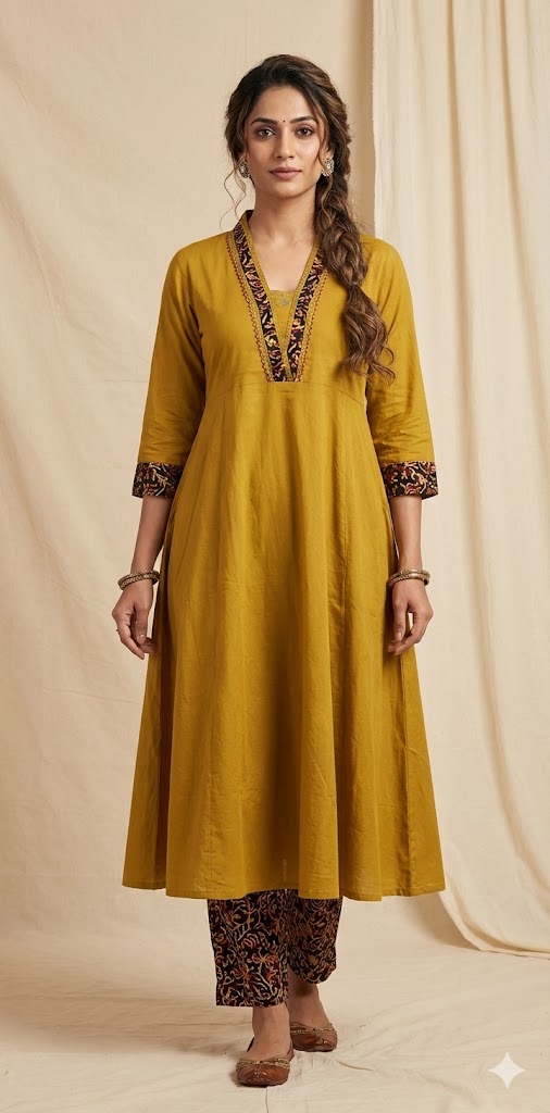 Mustard yellow cotton kurti with handwork on back neck, includes bottoms