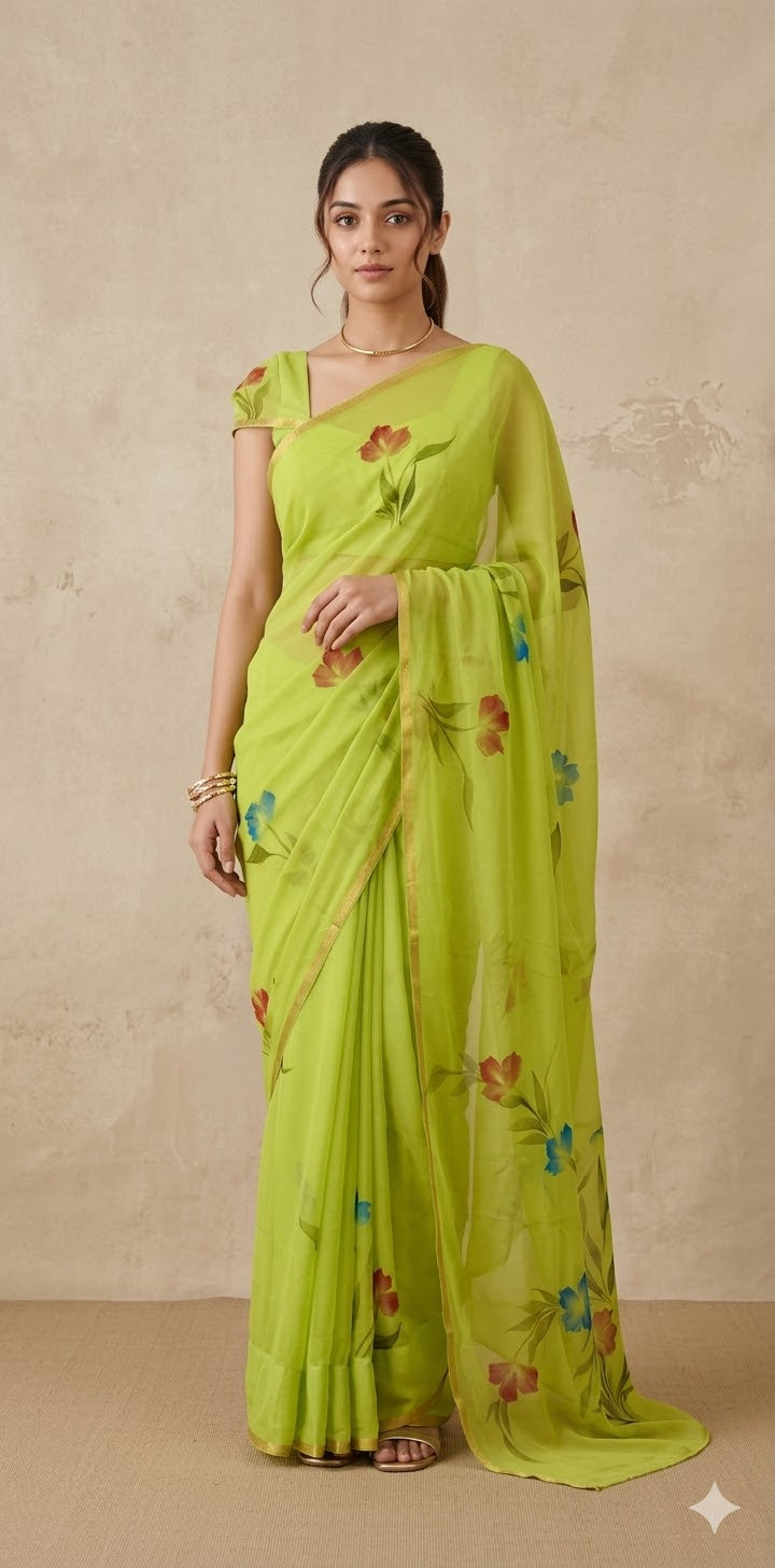 Premium hand painted Pure Chiffon saree , with BP