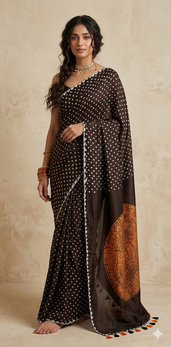 Pure chanderi silk saree with Bandhini and shibori work, stitched blouse